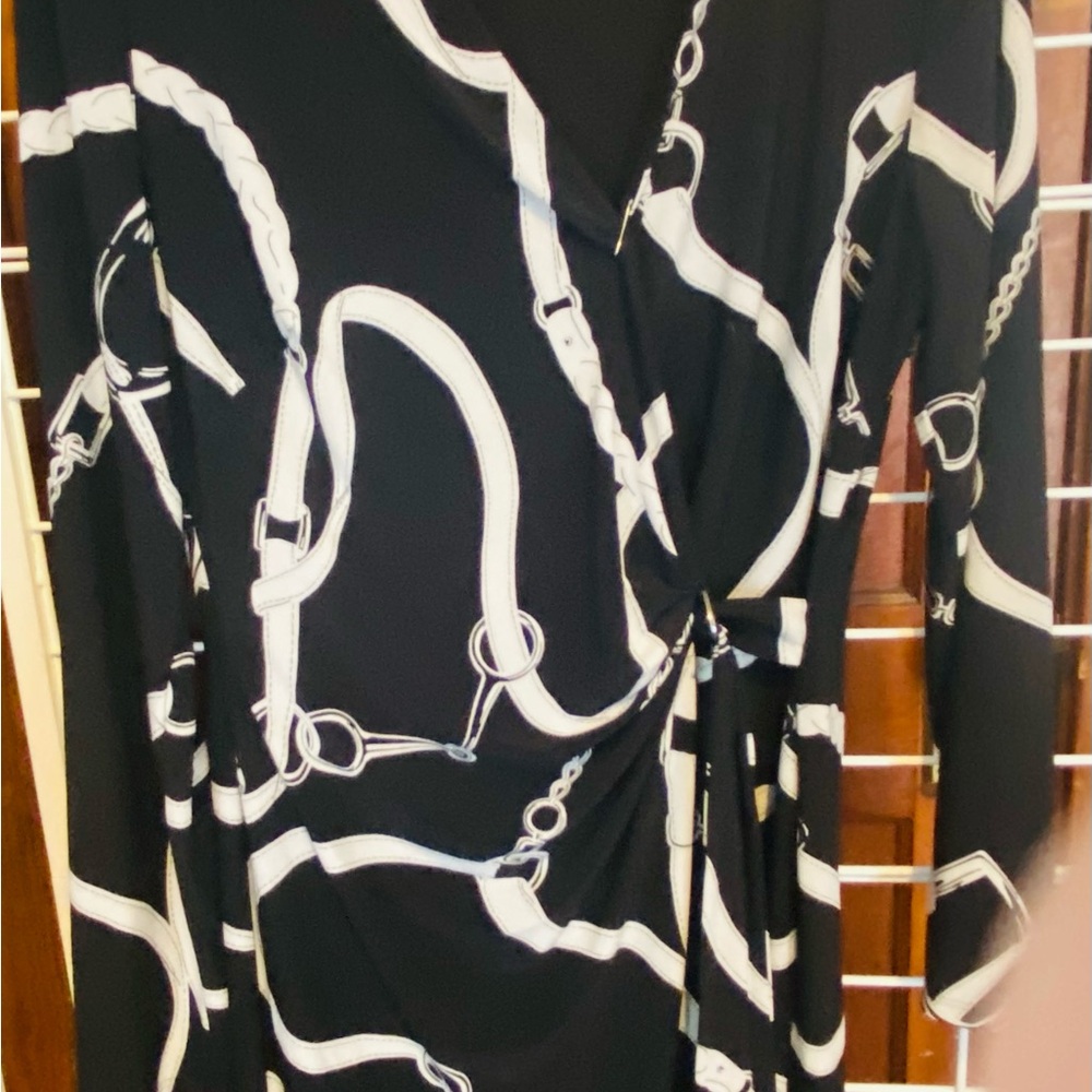 Ralph Lauren Black and White Chain Print Midi Dress